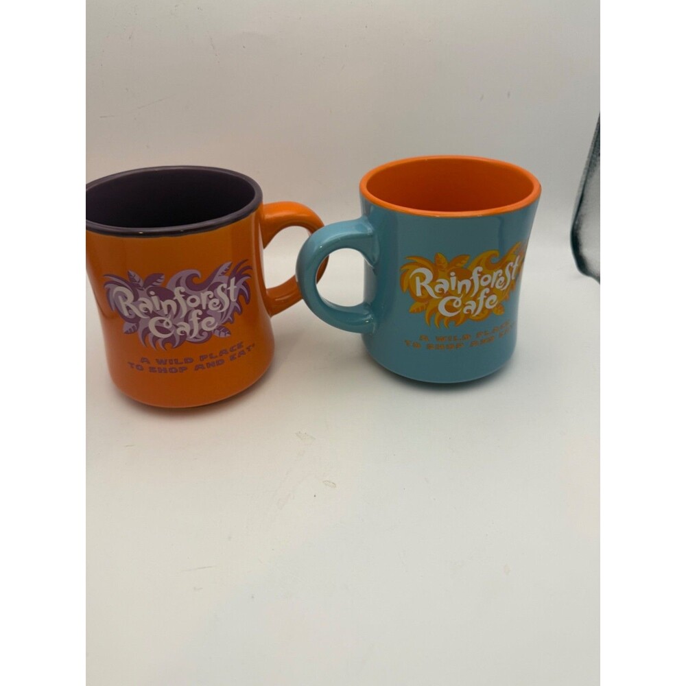 Rainforest Cafe Coffee Mugs Set of 2 Orange Purple Blue A Wild Place Souvenir